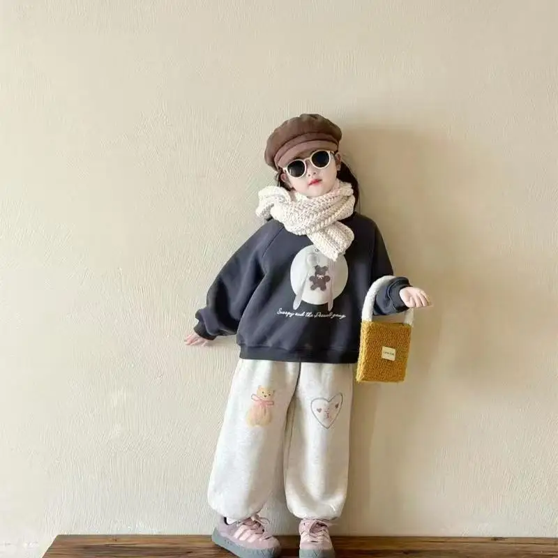 

Korean Style Autumn Girls Thick Sets Kids Clothing Thicken Hoodie and Pants 2Pcs Fashion Velvet Child Pullover Sportswear Suit