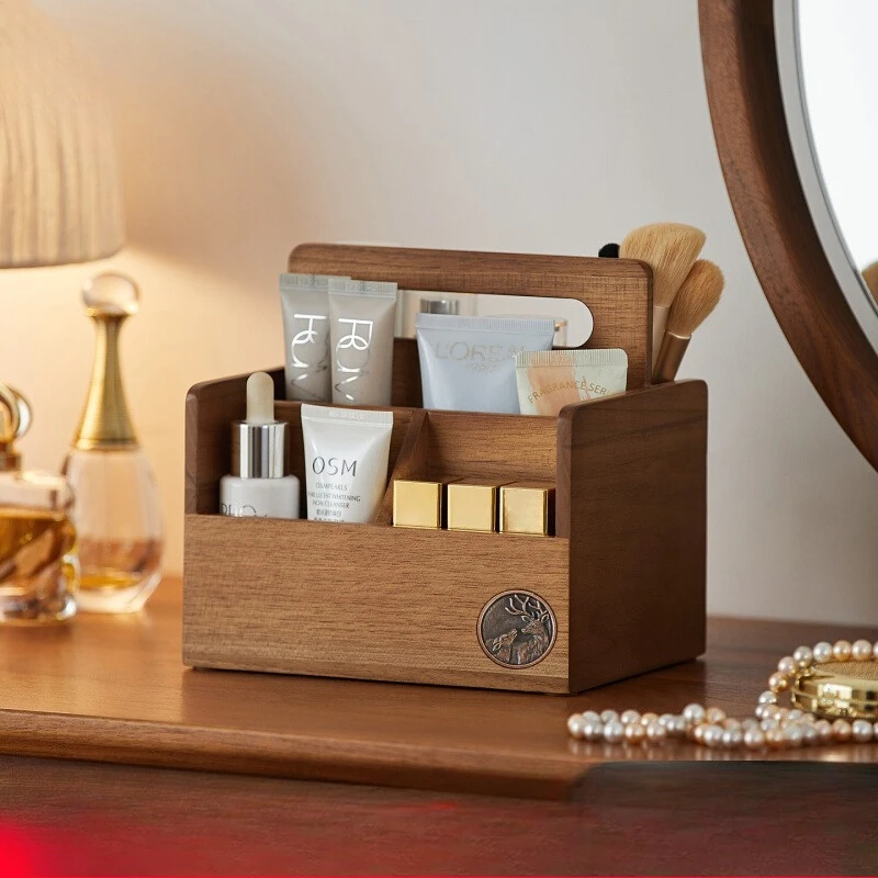 

Desktop storage box, desk stationery grid finishing box, solid wood advanced remote control storage