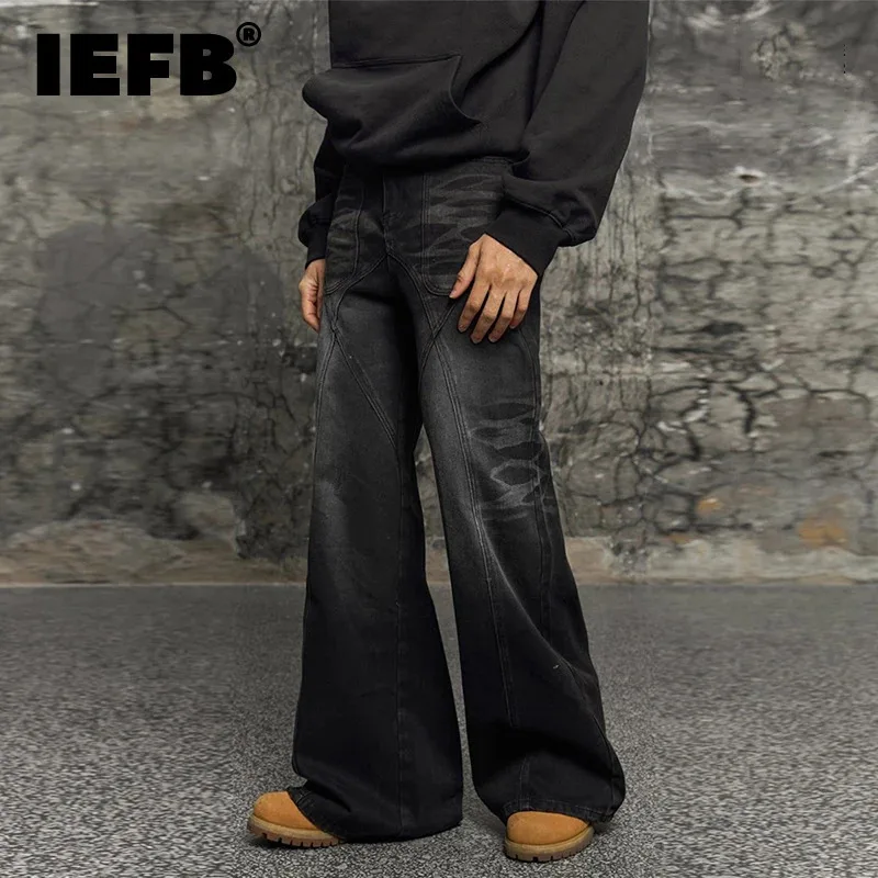 IEFB American Style Men's Denim Pants Washed Damaskeen Solid Color Straight Bottom Wide Leg Male Jeans New Autumn Trendy 9C8525