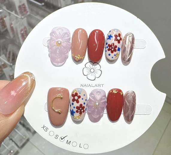

10PCS vivid flower cat eye press on nails 3D glitter colorful medium oval handmade false nail artificial wearable nail for women