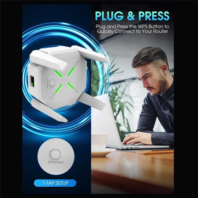 Nuovo! !Estensore di segnale WiFi con doppia banda da 1200 Mbps (fino a 10.000 piedi quadrati) con 4 antenne, configurazione a 1 rubinetto e porta Ethernet Spina americana