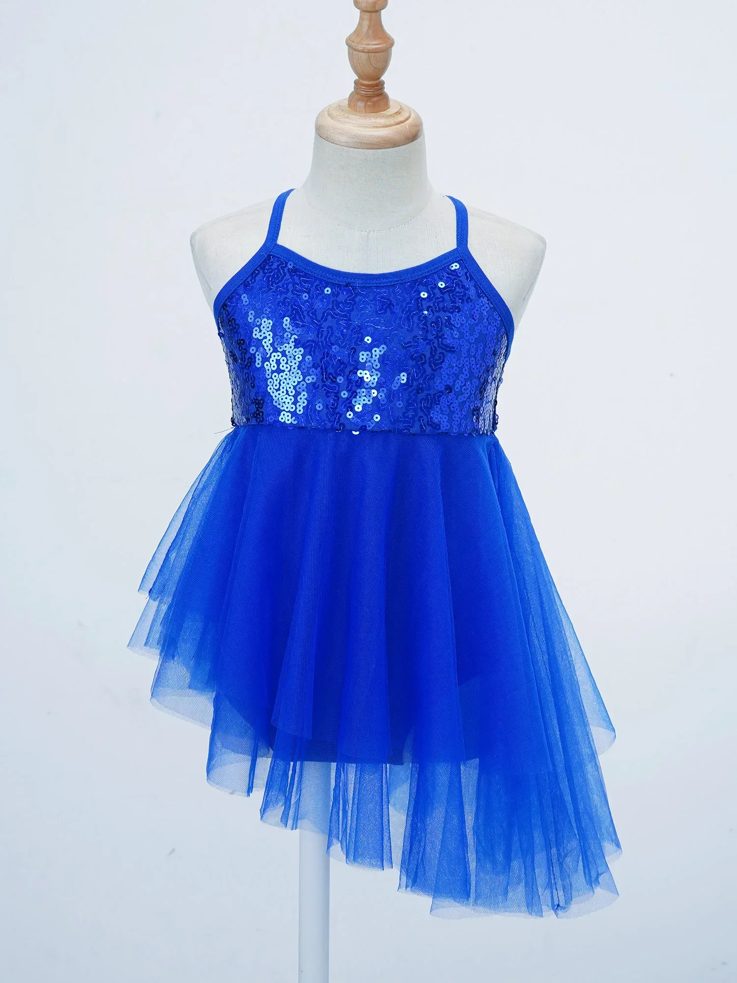 Kids Girls Sleeveless Sequins Camisole Ballet Dance Gymnastics Leotard Dress Asymmetrical Mesh Skirt Outfit Performance Costumes