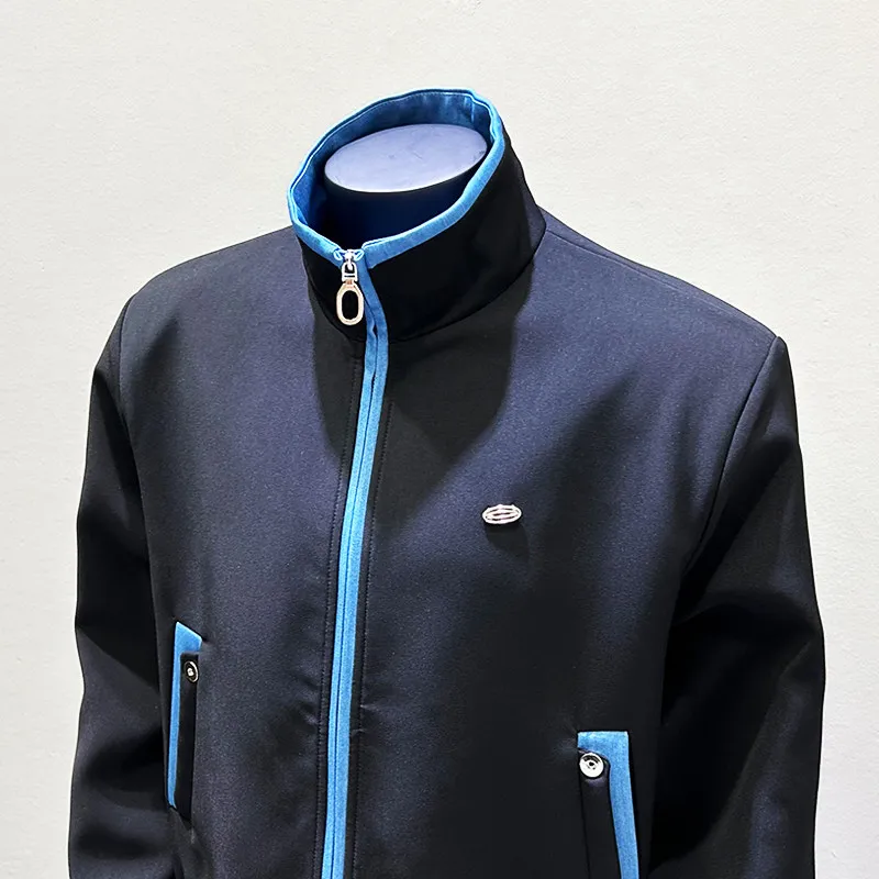 Men's Color Block Stand Collar Utility Jacket with Sporty Zip Front for Alternative Fashion and Creative Performance Wear
