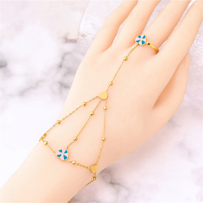 316L Stainless Steel New Fashion Fine Jewelry 4 Different Style Charm Bracelets Back Of the Hand Chain Ring All In One For Women