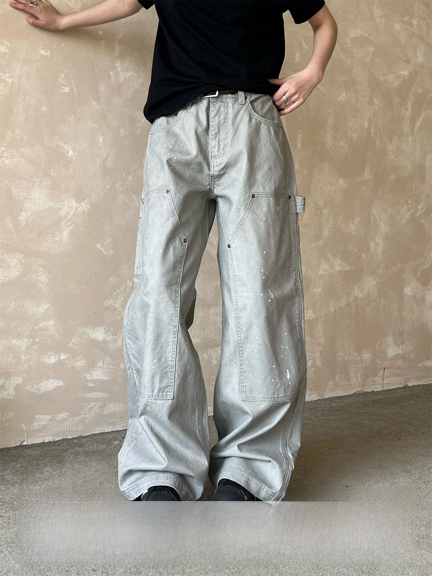 

Американские рабочие брюки в стиле High Street с эффектом брызг краски, нейтральный дизайн, из чистого хлопка, прямые, длинные, повседневные, широкие штанины.