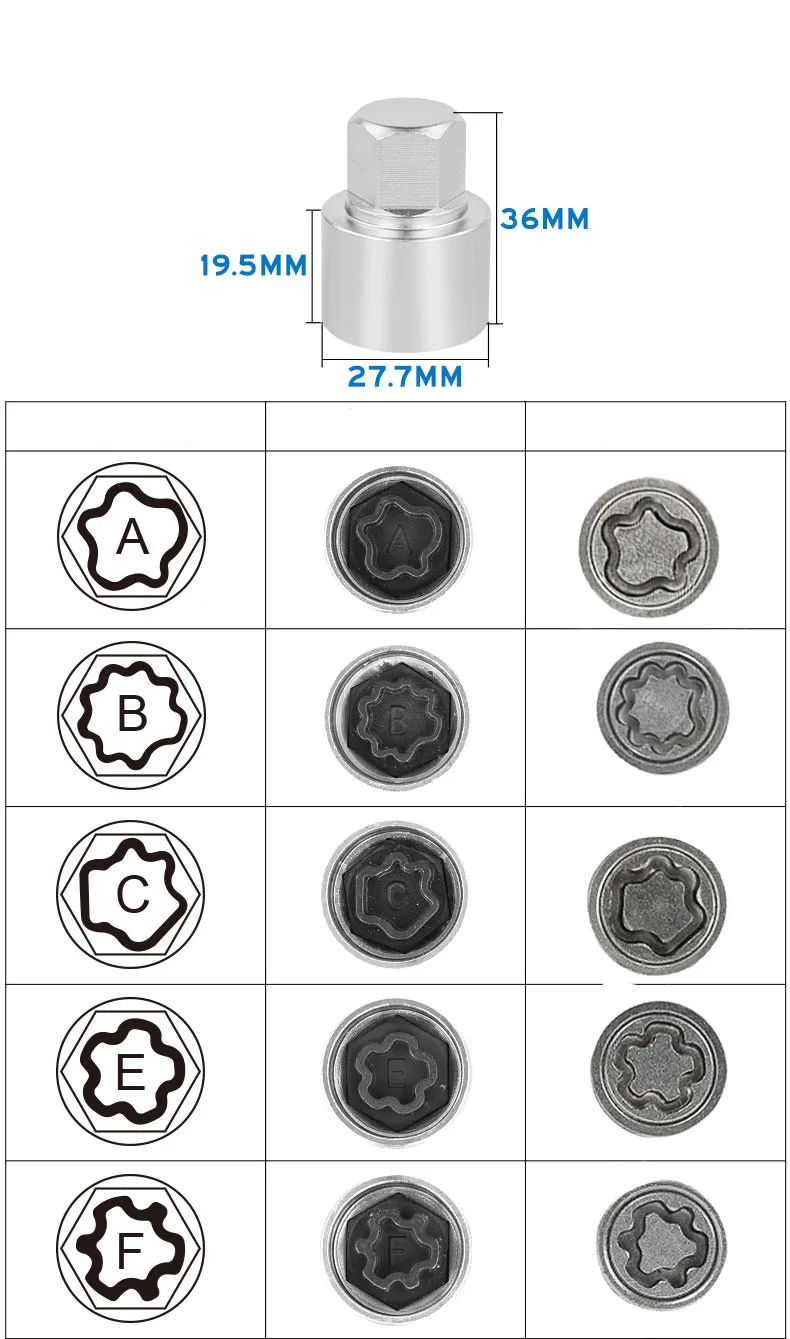 Llave de extracción especial antirrobo para neumáticos de Audi A3, A4L, A5, A6L, Q3, Q5, Q7A8