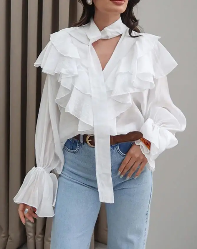 

Woman Blouse 2025 Spring New Solid Color Asymmetrical Ruffles V Neck Tied Detail Blouse Casual Long Sleeve Loose Fit Top