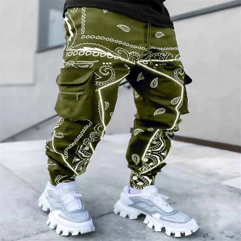 Men's Cashew Flower Print Casual Long Pants Male Cool Street Dance Skateboarding Trousers Hip Hop Clothing Multi-Pocket Overalls