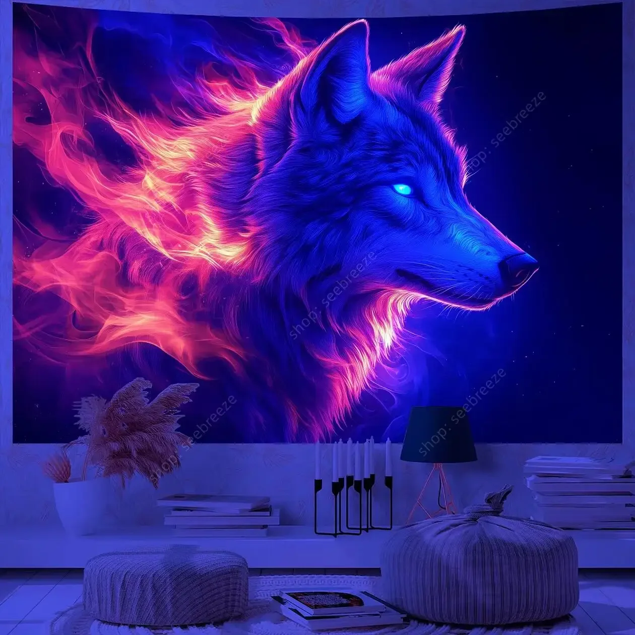 Animal Tapestry Psychedelic Wolf UV Reactive Tapestry Wall Hanging Hippie Room Decor Sofa Blanket Beach Towel Gift for Friend