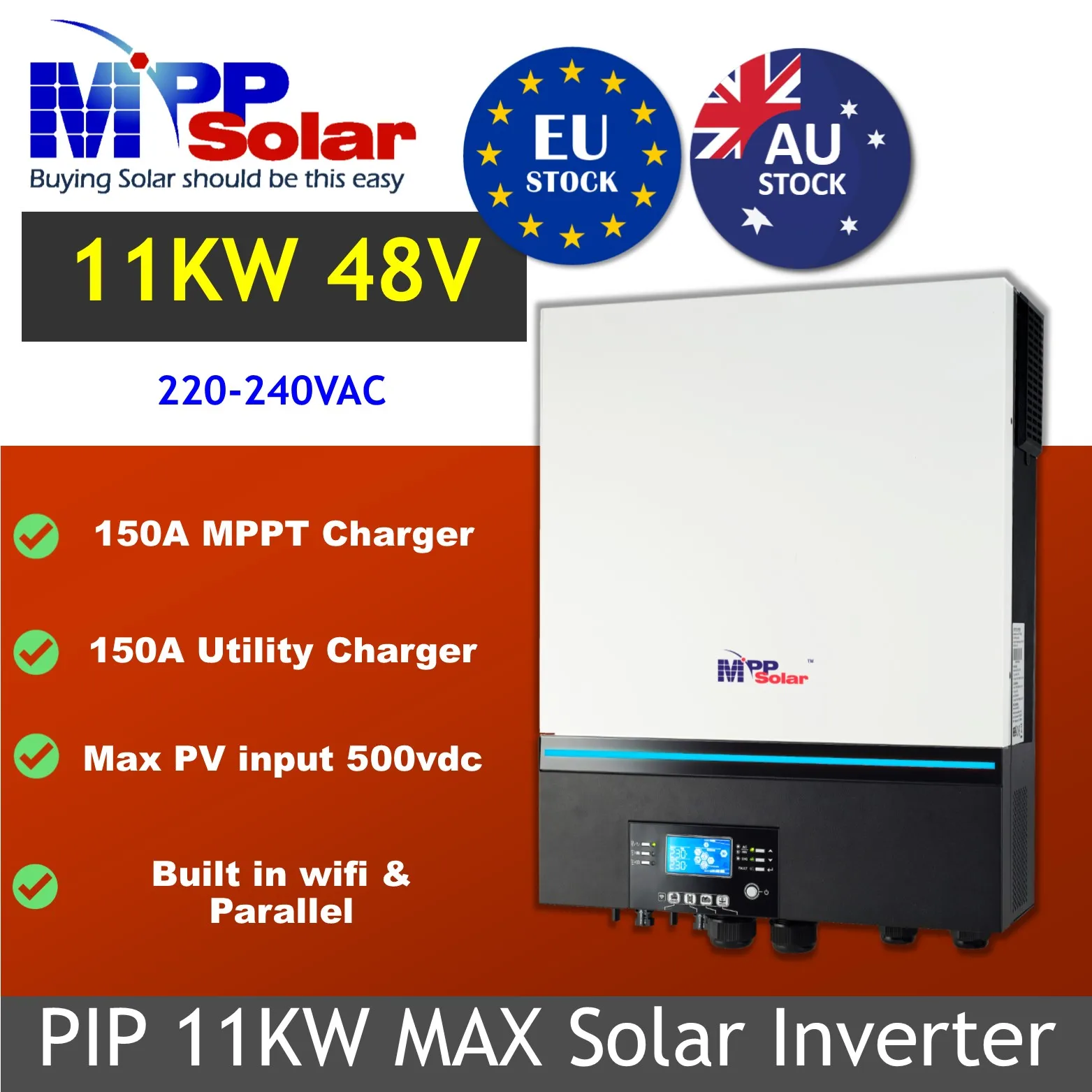 Inversor solar com carregador MPPT, paralelo WiFi, onda senoidal pura, entrada fotovoltaica alta, 1200 W, 48V, 230V, 1200 V, 11kW, 2 MPPT, 150A