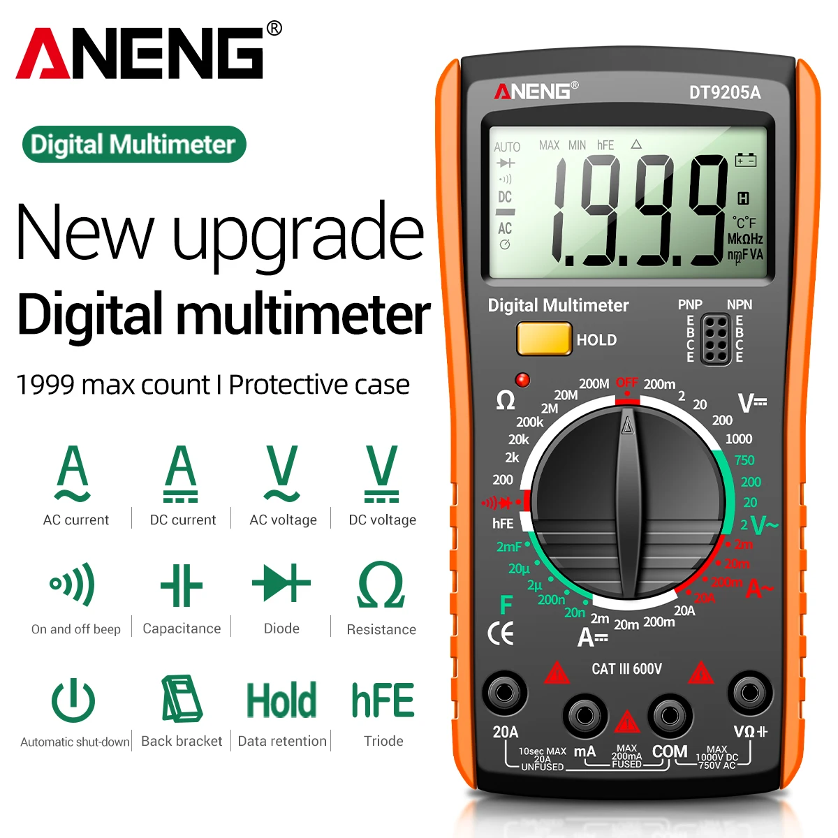 

Цифровой мультиметр ANENG DT9205A-3: портативный измеритель напряжения, тока, сопротивления, емкости, диодов, hFE, тест на целостность цепи, высокая точность