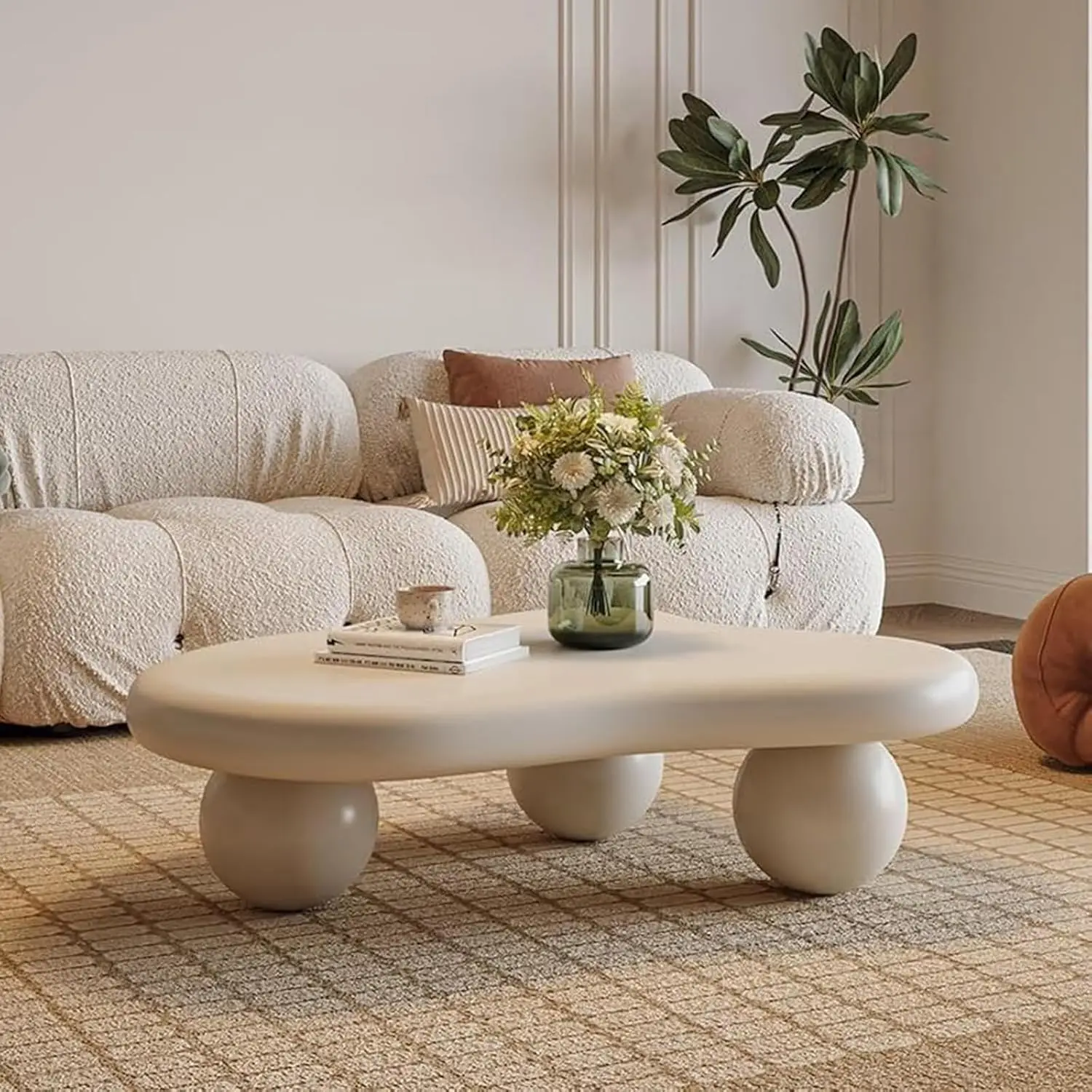 Cream White Cloud Irregular Coffee Table 3 Ball Base Modern Wooden Cute Living Room Center Table Furniture