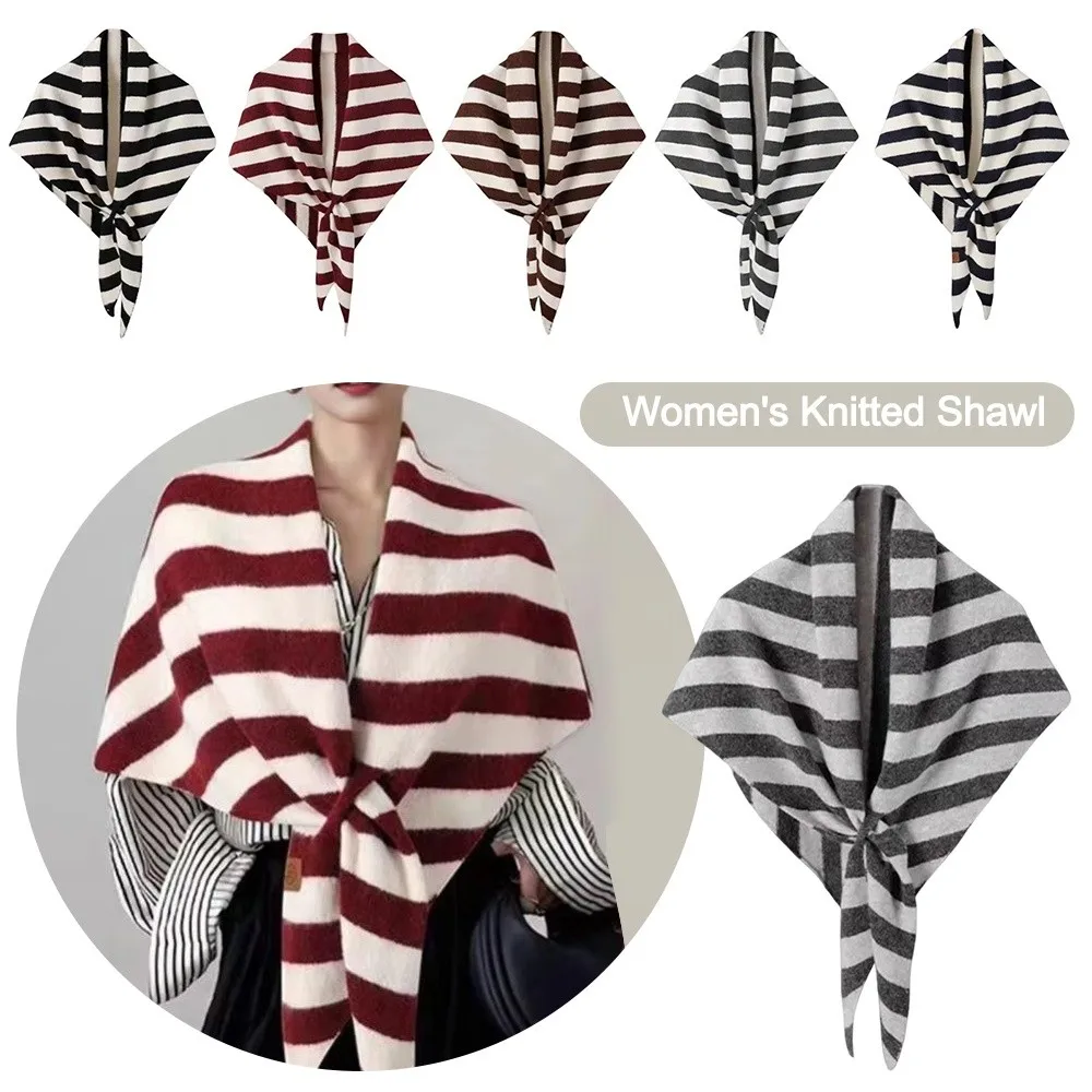 

Comfortable Wool Blended Women Shawl Big Striped Print Knitted Shawl Soft Warm Poncho Cape Casual Wear