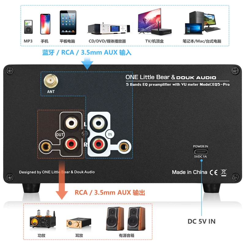 Imagem -02 - Pro Bluetooth 5-band Pré-amplificador Equalizador eq 3.5 mm Aux Processador de Áudio Analógico Medidor vu para Alto-falante Amplificador Eq5