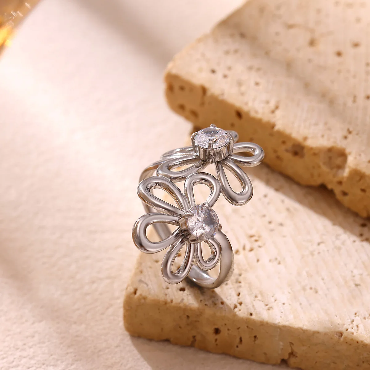Stainless Steel Hollow Flower Zircon Rings for Women Sweet Irregular Daisy Geometric Open Ring Trendy Charm Jewelry Gift view 5
