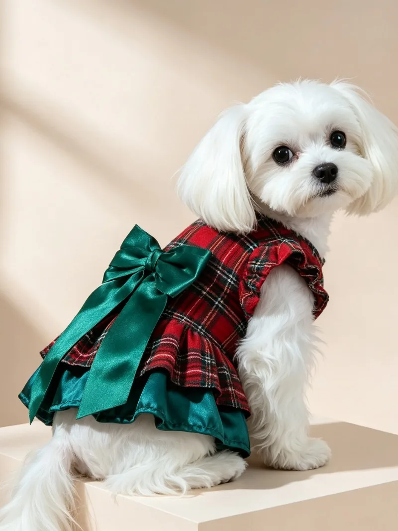 Doppellagiges festliches Kleid mit Schleife für Haustiere, Herbst-Winter-Hundekleidung, Katzenrock, Katzen- und Hundekleid, Haustierbekleidung, Festtagskostüm für Partys – Detail 14