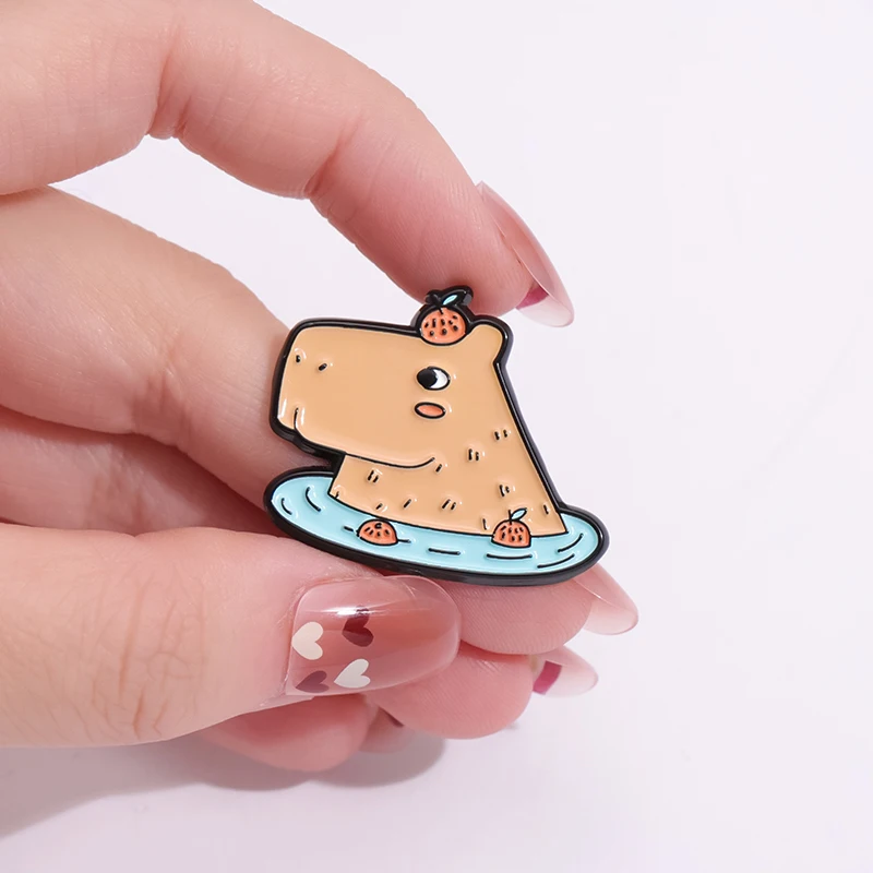 Cartoon Capybara Brooch Enamel Pins Funny Cute Hippo Hold Flower Lapel Badge Backpack Clothes Accessory Jewelry Gift for Friends