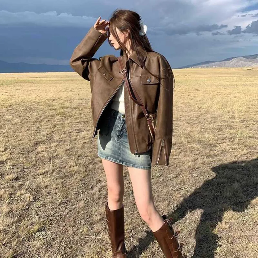 

Brown Leather Jacket for Women's Spring and Autumn New Style Maillard American Retro Pu Leather Small Motorcycle Suit Jacket