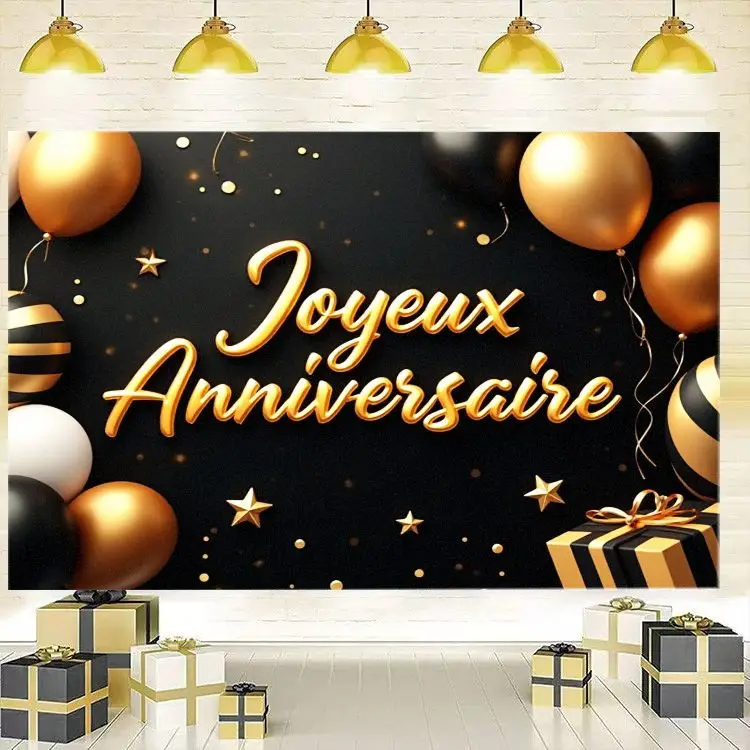 VIKAMA Happy Birthday Backdrop Tapestry Black Gold Balloon Star Pennant Wall Hanging Adult Birthday Party Photography Decor