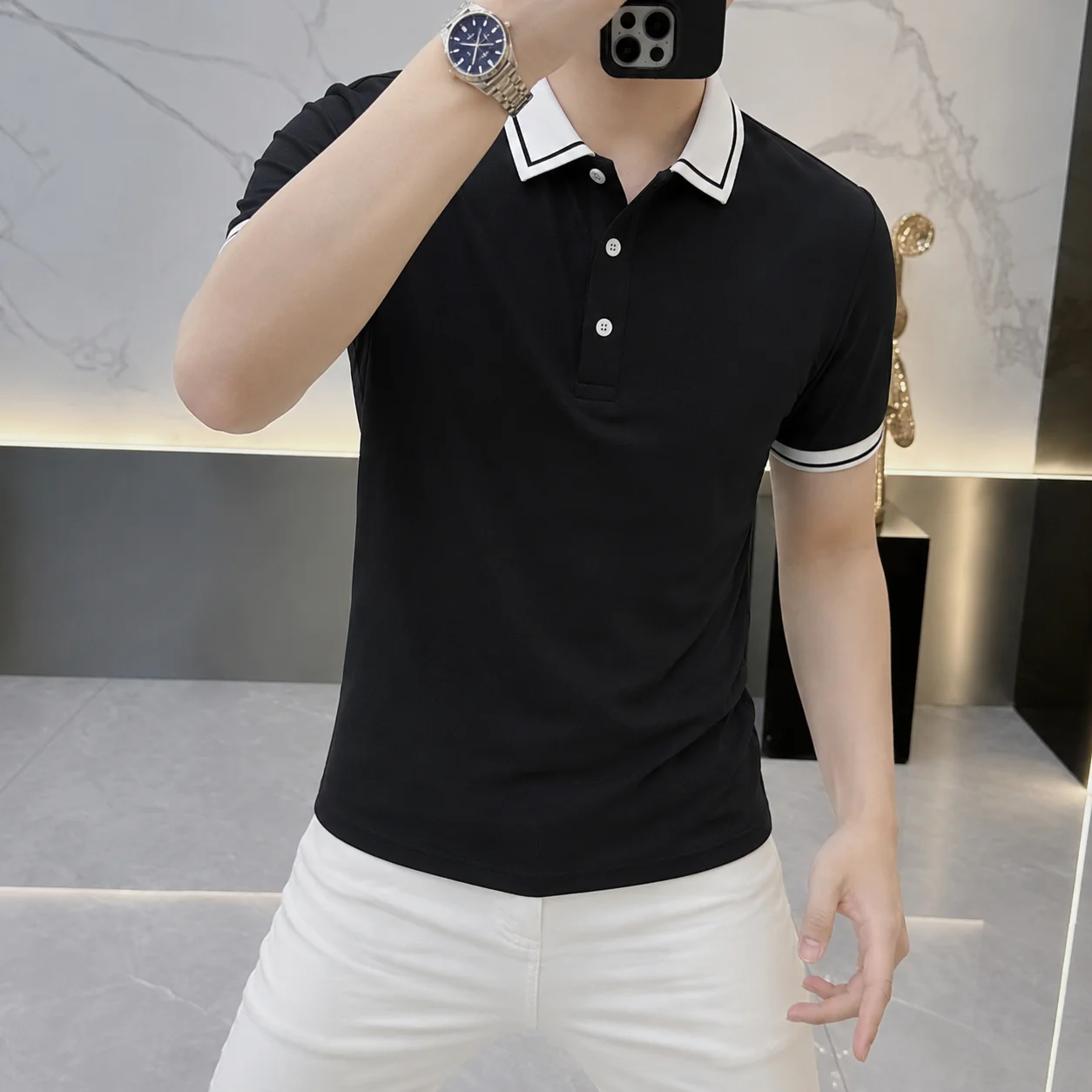 2026 Summer Men's Color-Contrast Collar Short-Sleeved Polo Shirt for Business and Casual Wear - Lightweight, Stylish, Versatile