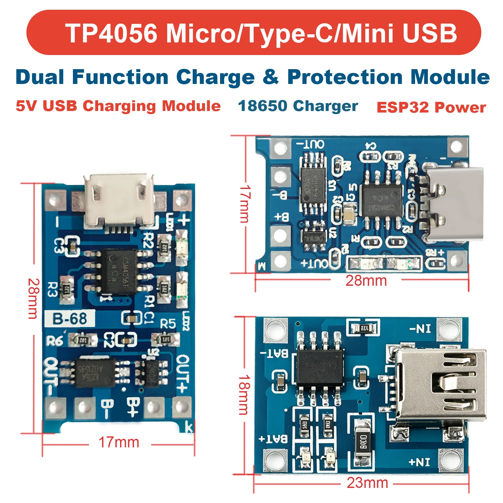 1-10PCS TP4056 18650 Li-ion Charger Module 5V 1A Micro/Type-C/Mini USB with Protection Dual Function for DIY Power Bank Arduino
