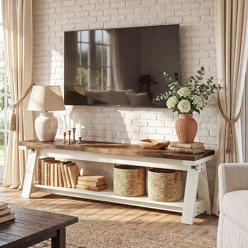 59 Farmhouse TV Stand For TVs Up To 65 Inches, 2Tier Entertainment Center With Open Shelves, Media Console Table For Living Roo