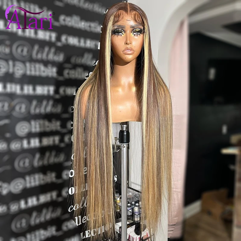 Perruque Lace Frontal Wig naturelle lisse, cheveux humains, 13x6/13x4, 5x5, pre-plucked, avec racines brunes et blondes