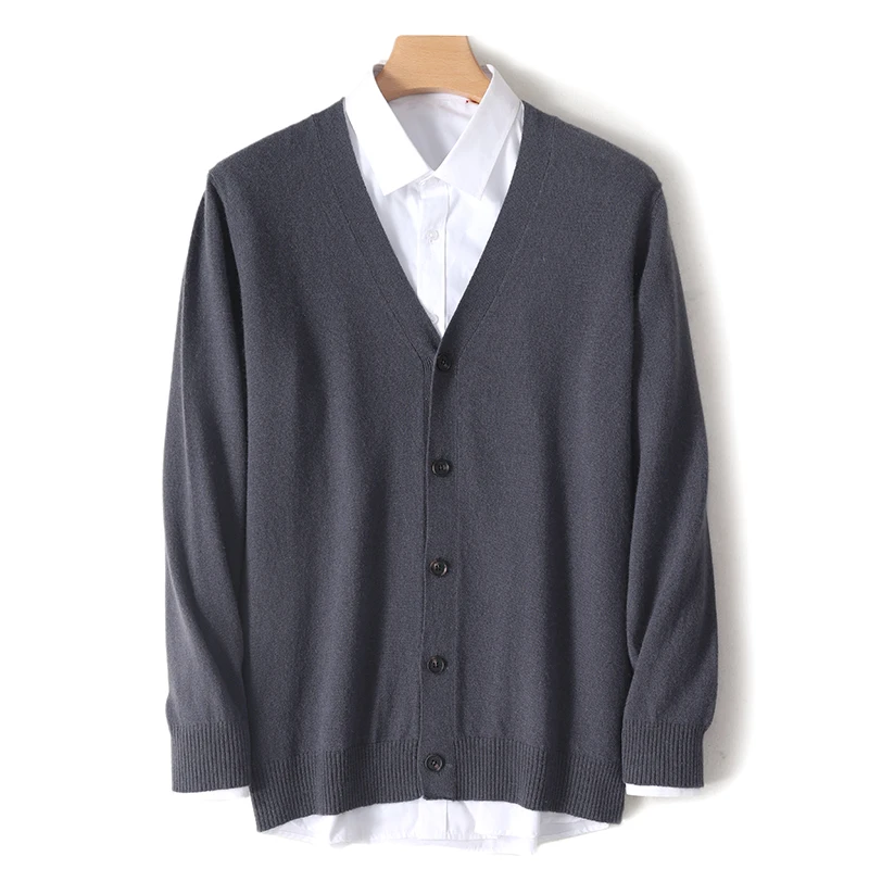 Men's Autumn/Winter Thick Knit Coat 100% Merino Wool V-neck Sweater Cardigan Men's Solid Color Warm Knit Cardigan Jacket