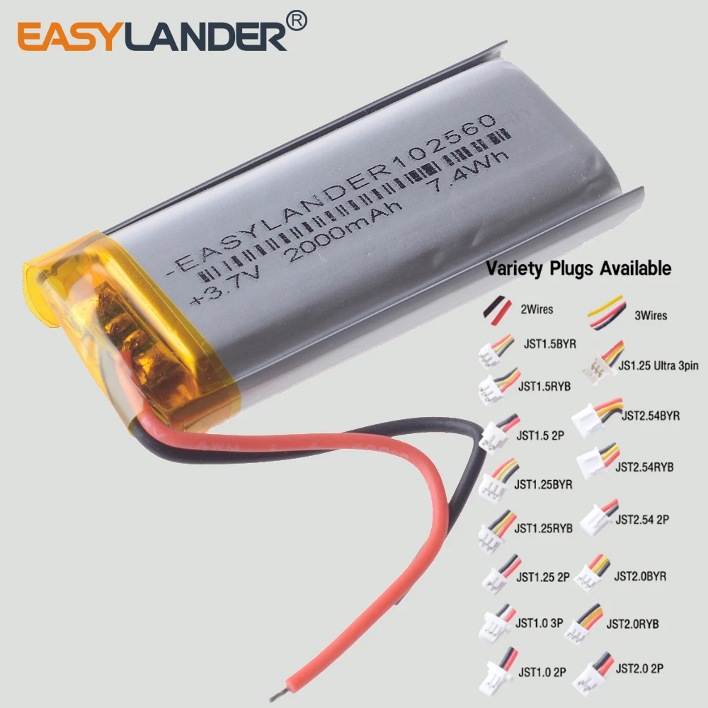 SH 1.0mm JST 1.25mm  PH2.0mm  ZH1.5mm XH 2.54mm 3.7V 2000mAh 102560 Lithium Polymer Li-Po li ion Rechargeable Battery cells