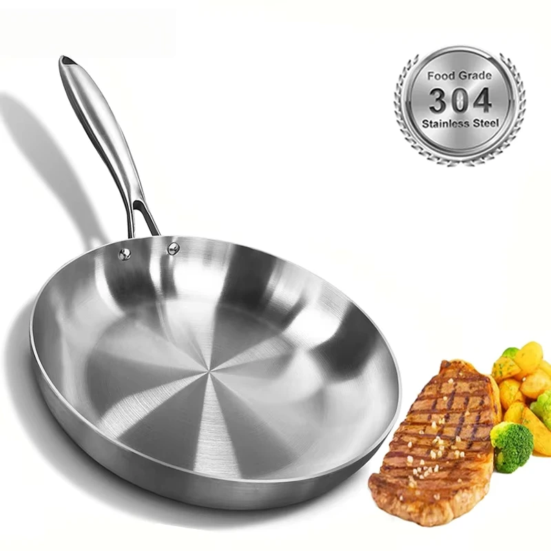 Sartén antiadherente de acero inoxidable 304, olla para carne frita, utensilios de cocina sin recubrimiento para estufa de Gas y Cocina de Inducción
