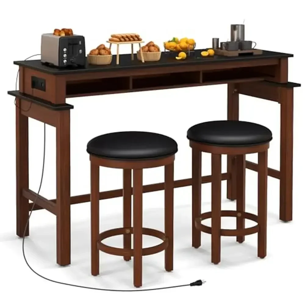 2 Bar Table and 2 Bar Stools Set with USB Ports and AC Outlets Breakfast Nook Table Set with 3 Storage Compartments Elegant