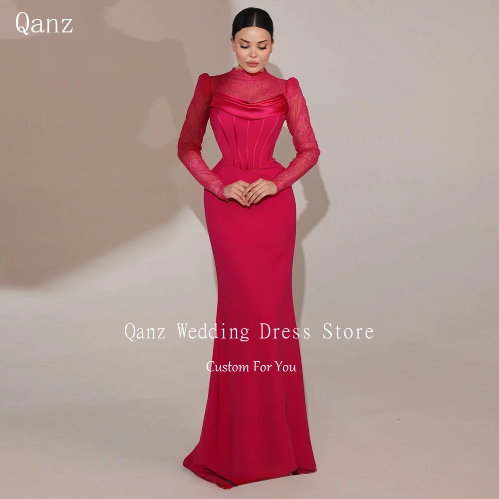 

Qanz Fuchsia Satin Elegant Prom Dress Mermaid Long Sleeves Lace Evening Gowns High Neck Women Robes De Soirée Customized