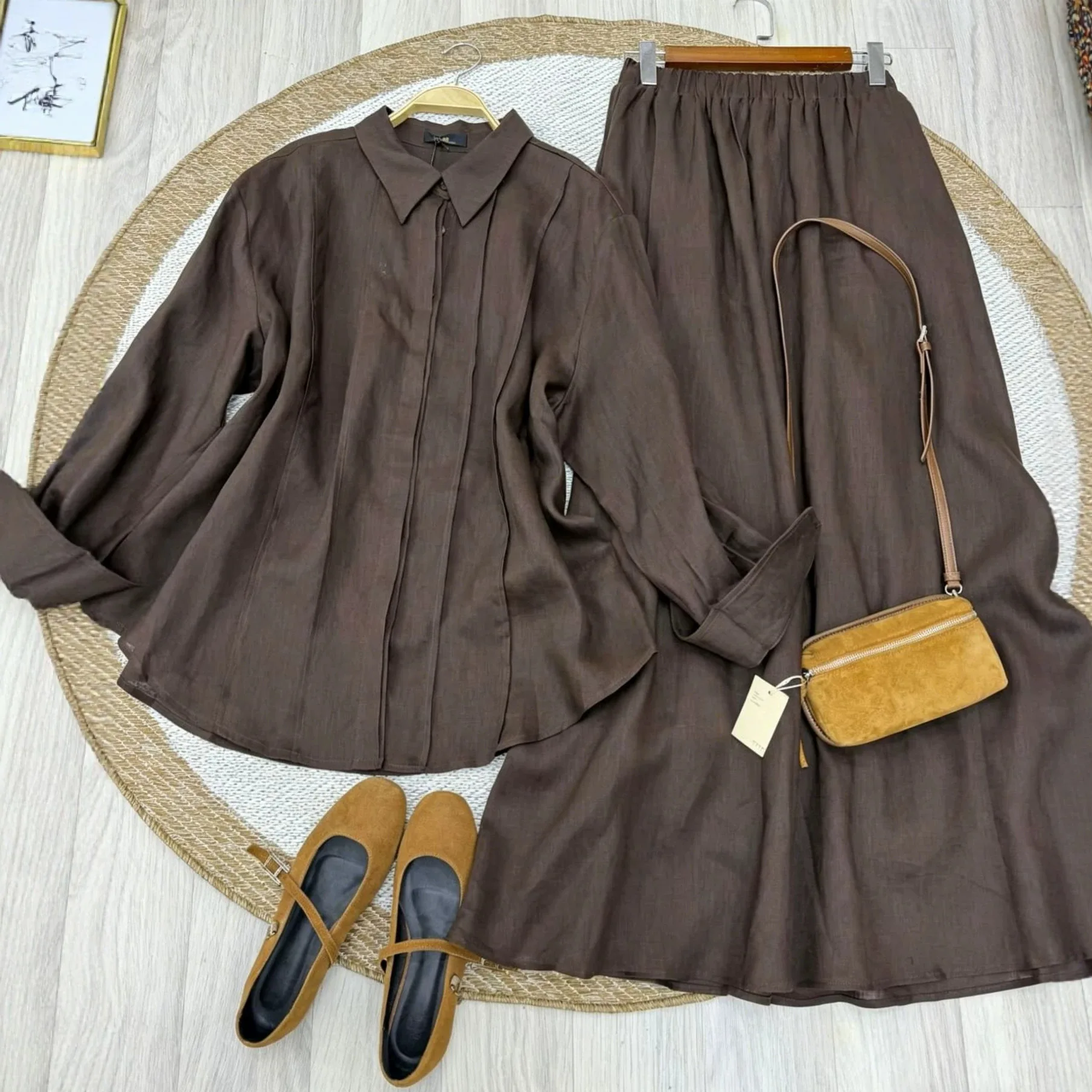 Damen Zweiteiler-Set mit Rock, Umlegekragen, Langarm-Hemd, Langer A-Linien-Rock mit Hoher Taille, Y2k Streetwear, Elegant für die Arbeit