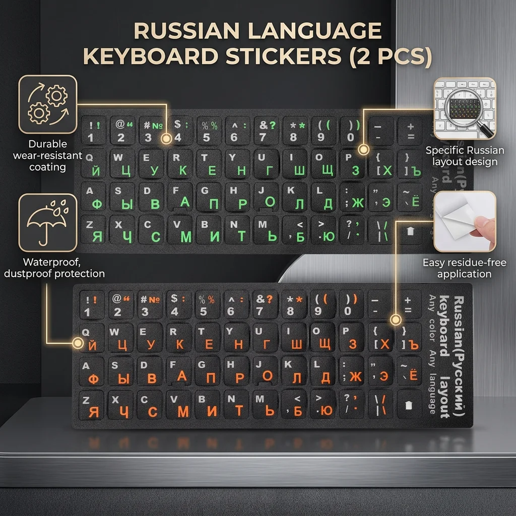 2PCS Russian Keyboard Stickers Portable Unique Coating Waterproof Dustproof Russian Alphabet Keyboard Stickers for PC Laptop