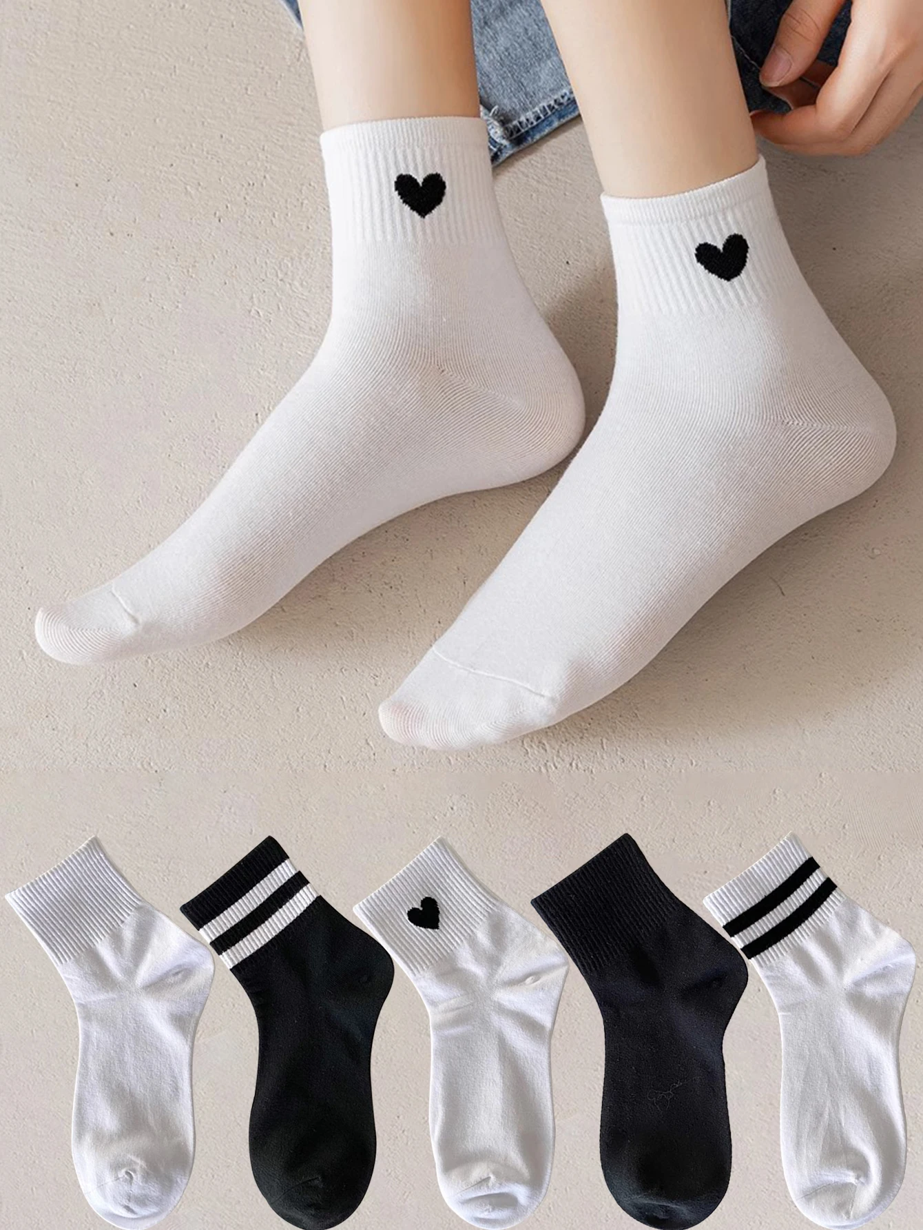 5 par damskich pasków na co dzień sportowe oddychające czarno-białe skarpetki skarpetki typu Mid Tube oddychające skarpetki sportowe