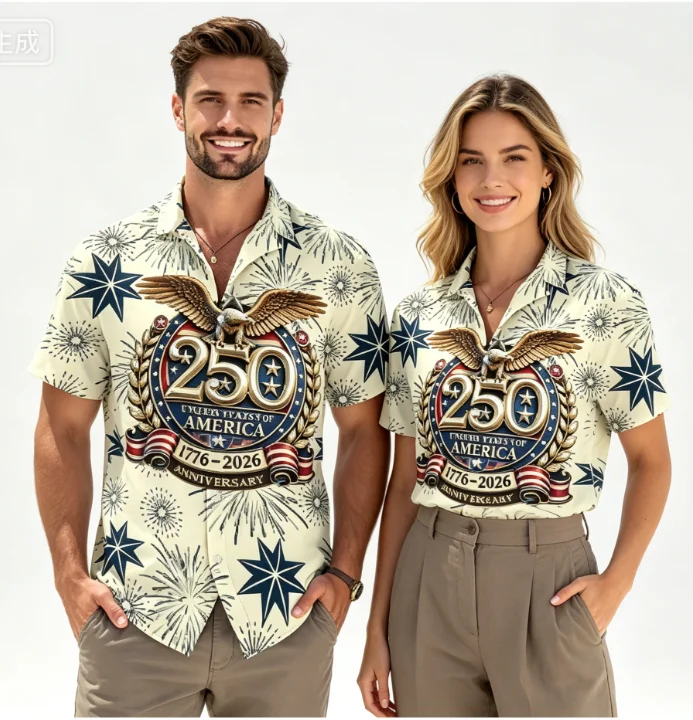 

America 250th Anniversary 1776-2026 Hawaiian Men's Shirts Bald Eagle American Flag Firework Print 4th Of July Casual Shirt Free
