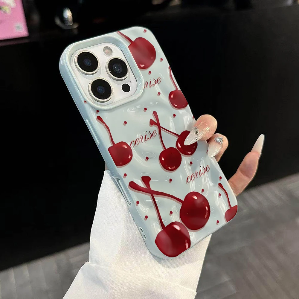 Koreanisches Kirschmuster Handyhülle für iPhone 17 16 15 14 13 12 11 Pro Max 14 15 Plus 17Air Falten-Wellen Weiche Silikon-Schutzhülle – Detail 2
