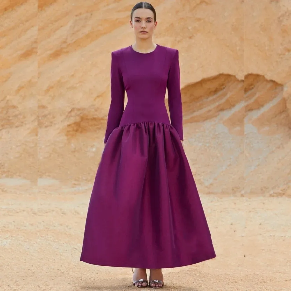 

High Quality Grape Evening Celebrity Dress O-Neck Long Sleeves Ankle Length Satin Prom Formal Party Gowns Modern Robe De Soiree