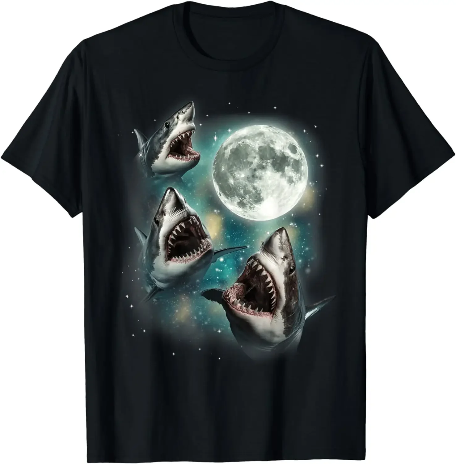 

Three Sharks Howling At Moon Space Galaxy Graphic T-Shirt Men Trip
