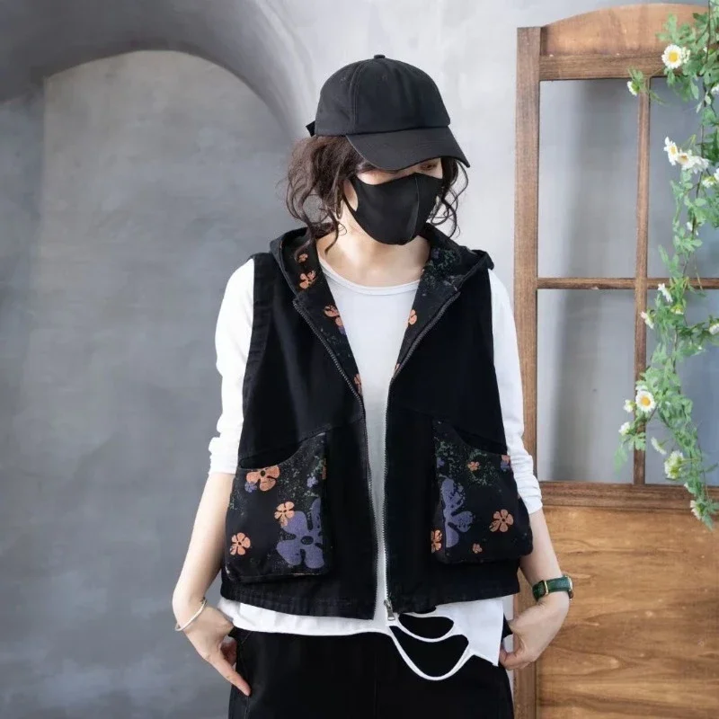 Comfort Fit Mom's Floral Print Denim Vest for Women 2025 Seasonal Casual Outerwear​