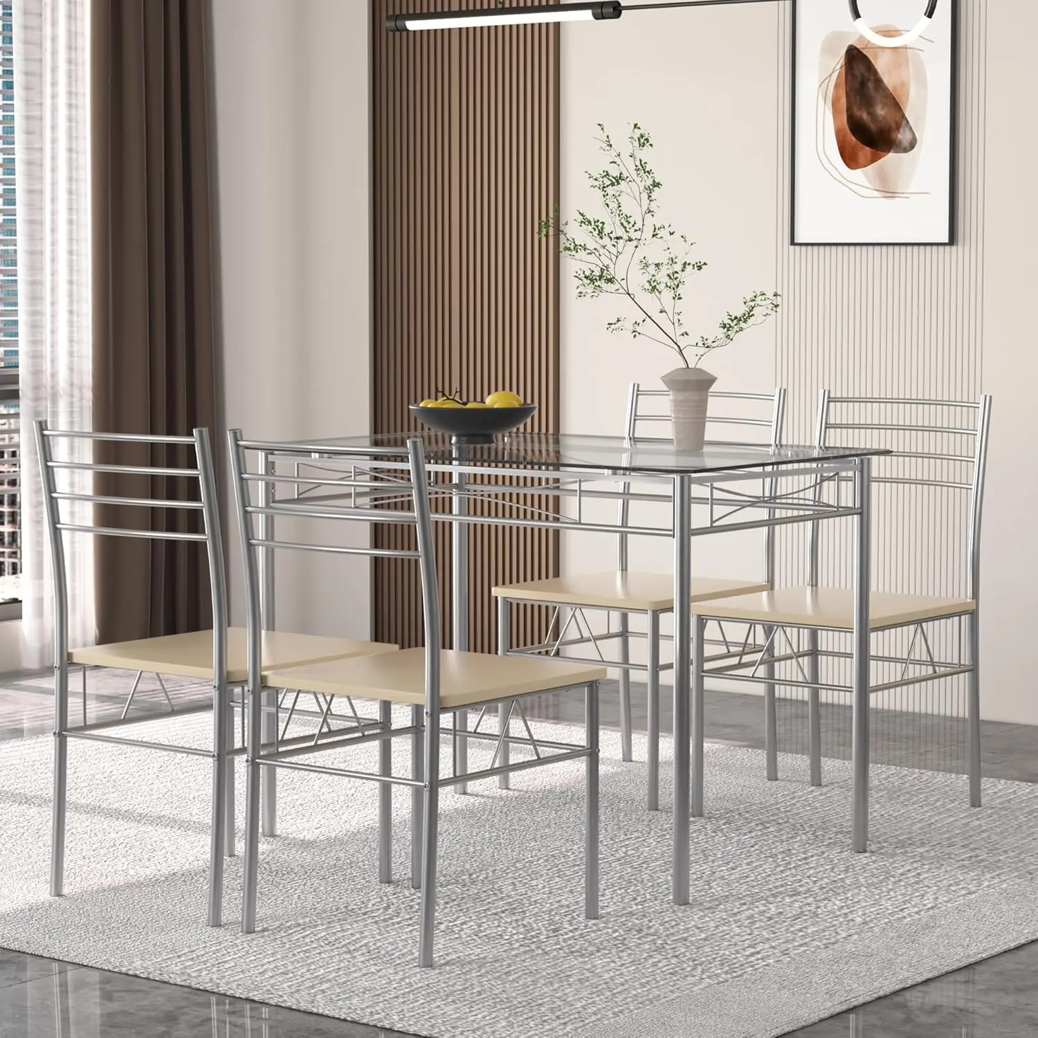 5 Piece Dining Table Set for 4 with Chairs, Glass Tabletop, Small Space, Silver