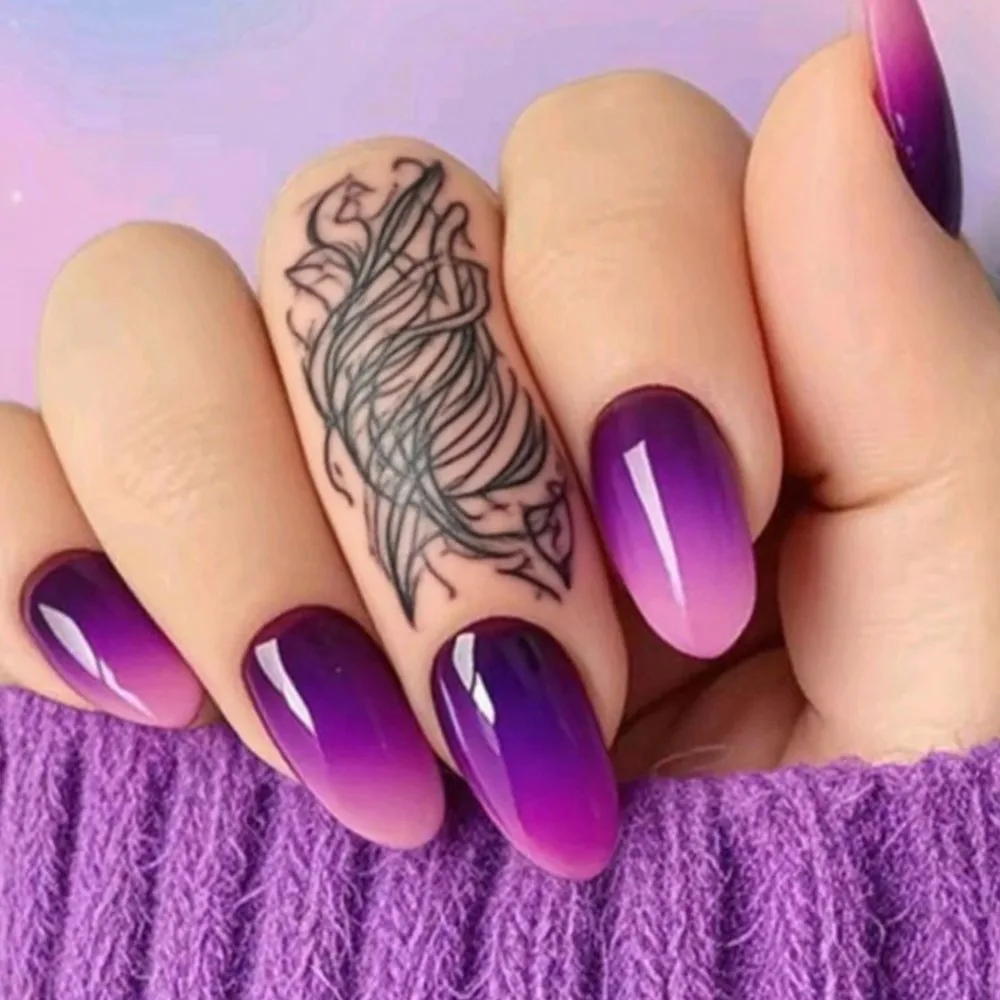 Gradient Purple French Press On False Nails Tip Acrylic Short Fake Nails With Glue DIY Woman Manicure Fingertips Accessory