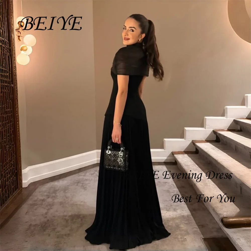 BEIYE – robe de soirée de forme sirène, élégante, noire, musulmane, col haut, manches courtes, plissée, perles, robe de soirée formelle, personnalisée, 2026