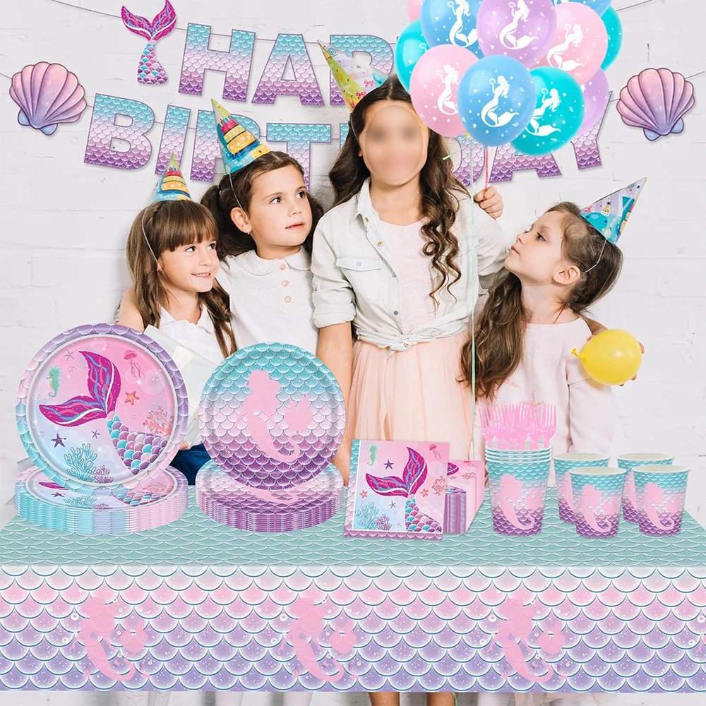 Meerjungfrau Party Rosa Lila Geschirr Set Teller Tassen Tischdecke Servietten Banner Mädchen Geburtstag Party Dekore Baby Dusche Liefert – Detail 7