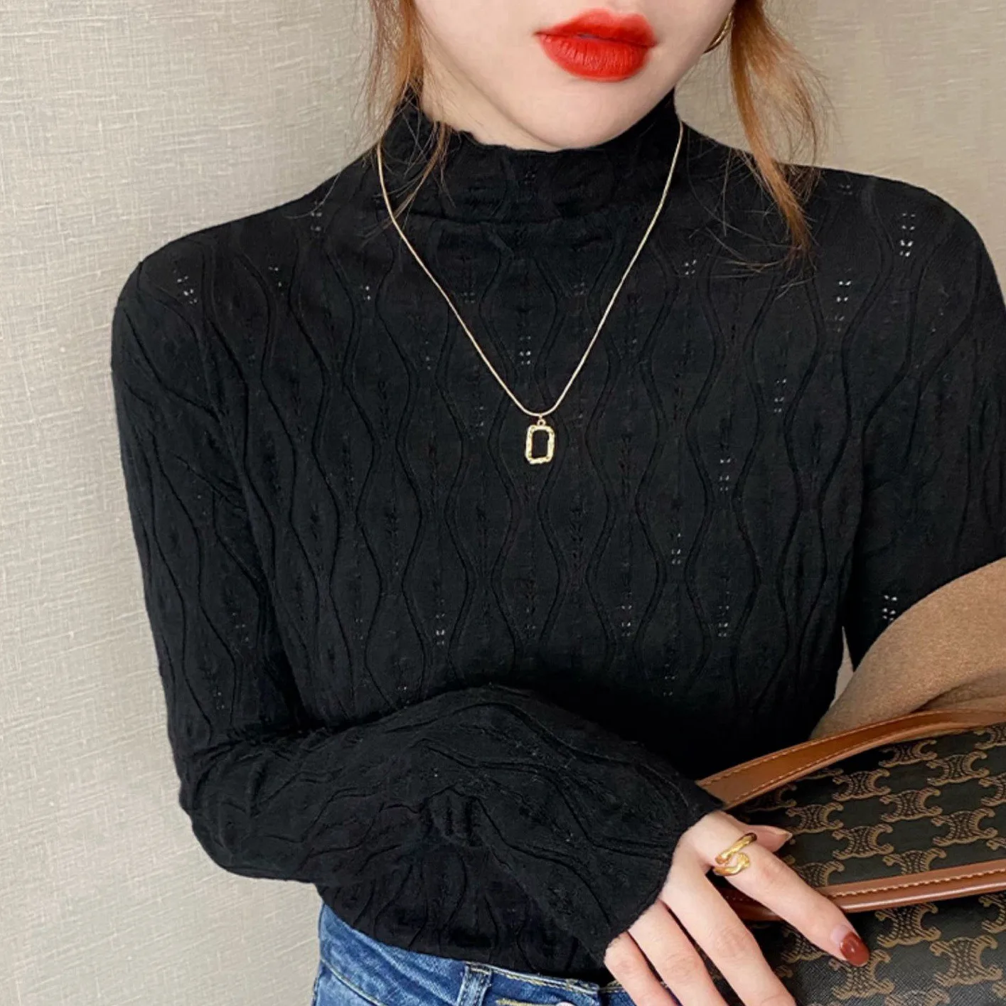 Gestrickte Pullover Frauen Pullover Neue Langarm Mock Neck Schwarz Stricken Pullover Pullover Frauen Tops Pullover Sueters De Mujer Q794