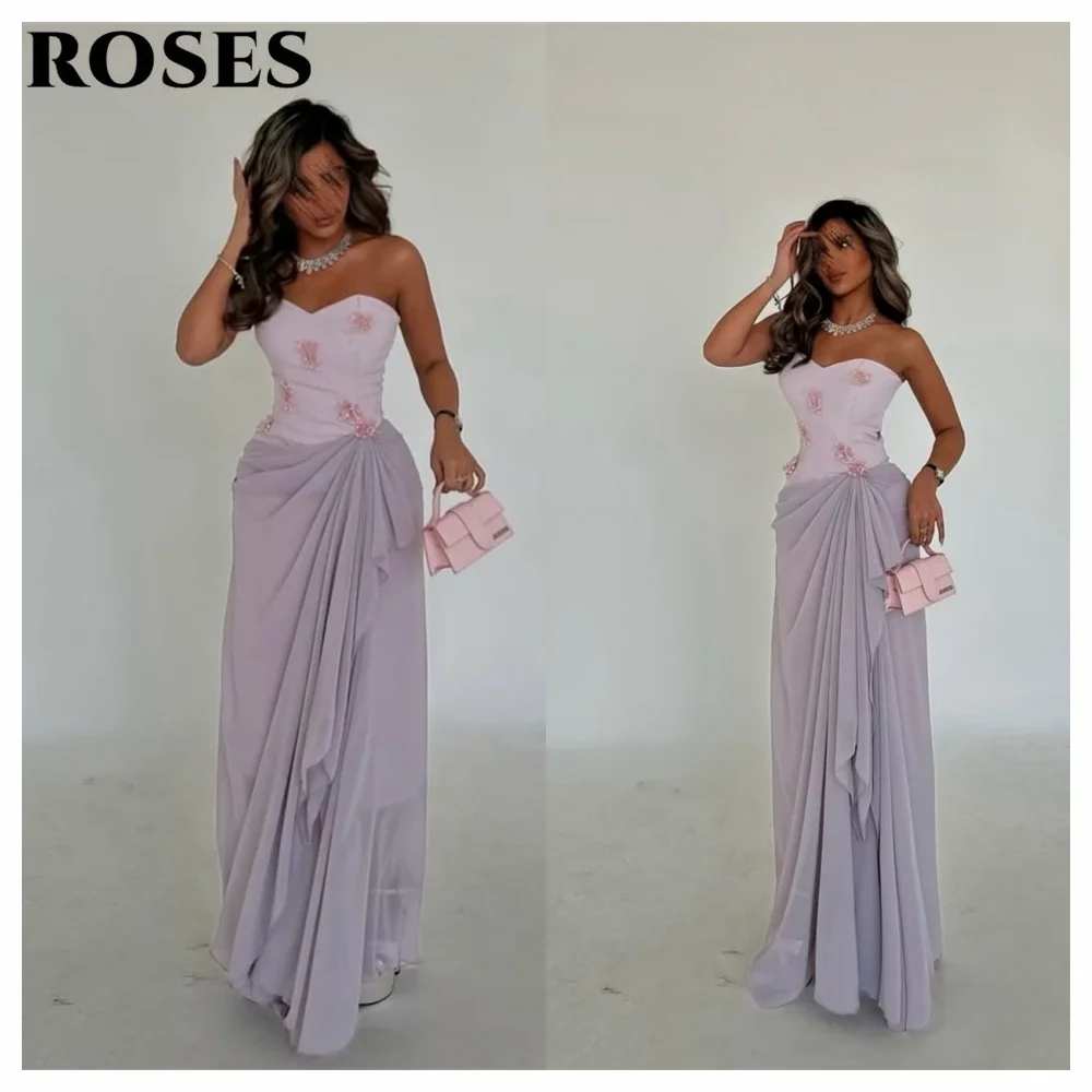 ROSES Light Purple Prom Dress Sweetheart Chiffon Party Dress with Floral Appliques and Ruched Detail Evening Dress Customized image 2