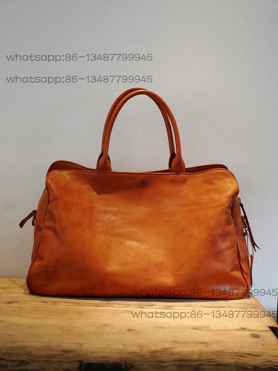 

Vintage Handmade Tote Vegetable Tanned Cowhide Short Trip Shoulder Messenger Unisex Fitness Bag