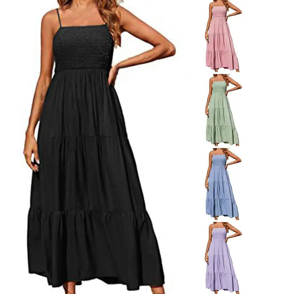 

Lady Dress Solid Color Spaghetti Strap Elastic Elegant Girl Dress for Daily Wear