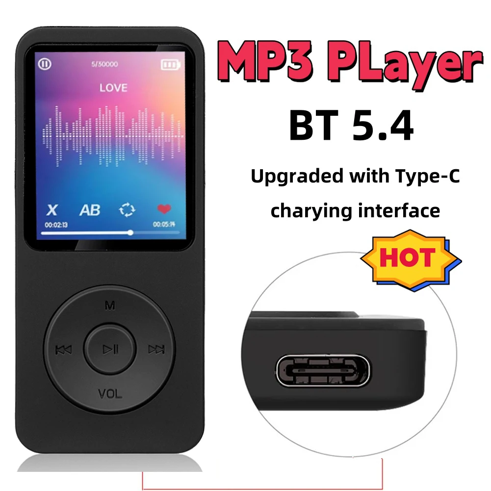 Portable MP3 Player 1.8 Inch Walkmen Type-C Bluetooth 5.4 Compatible Built-in Speaker E-Books Recording Sports MP4 FM Radio