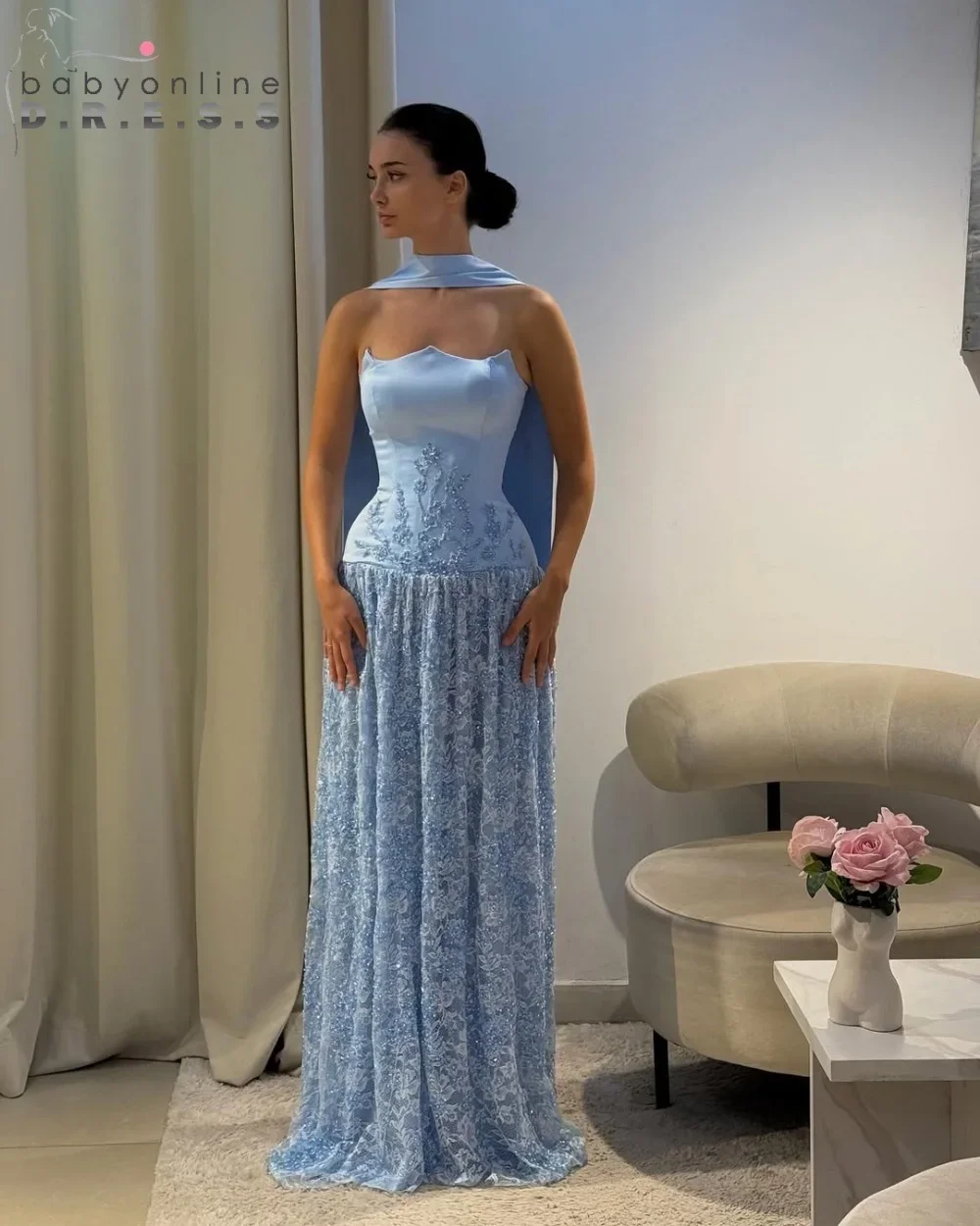BABYONLINE فساتين سهرة مخصصة مزينة بالدانتيل الساتان للنساء بدون حمالات حورية البحر فساتين شال طويل